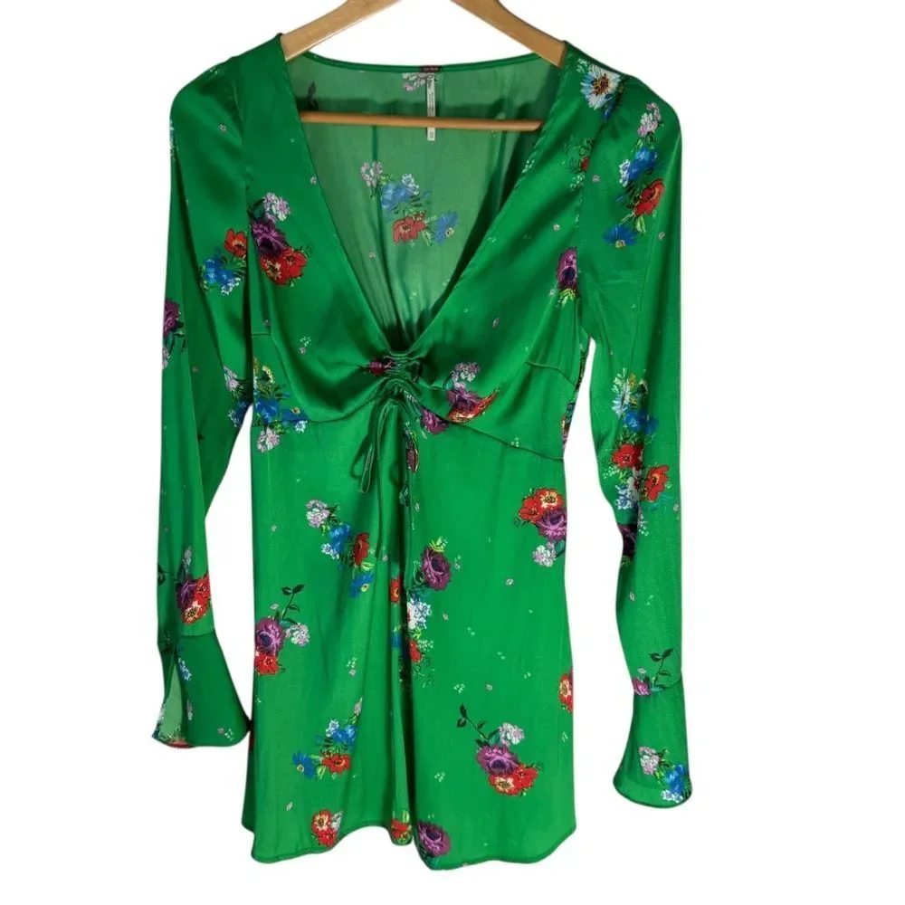 Free People Grass Green‎ Floral Bell Sleeve Deep V Neck Mini Dress Sz XS